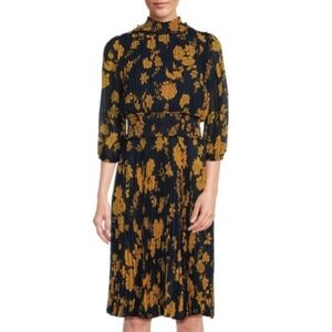 EUC Nanette by Nanette Lepore Navy Golden Yellow Floral Pleated Dress Size 8